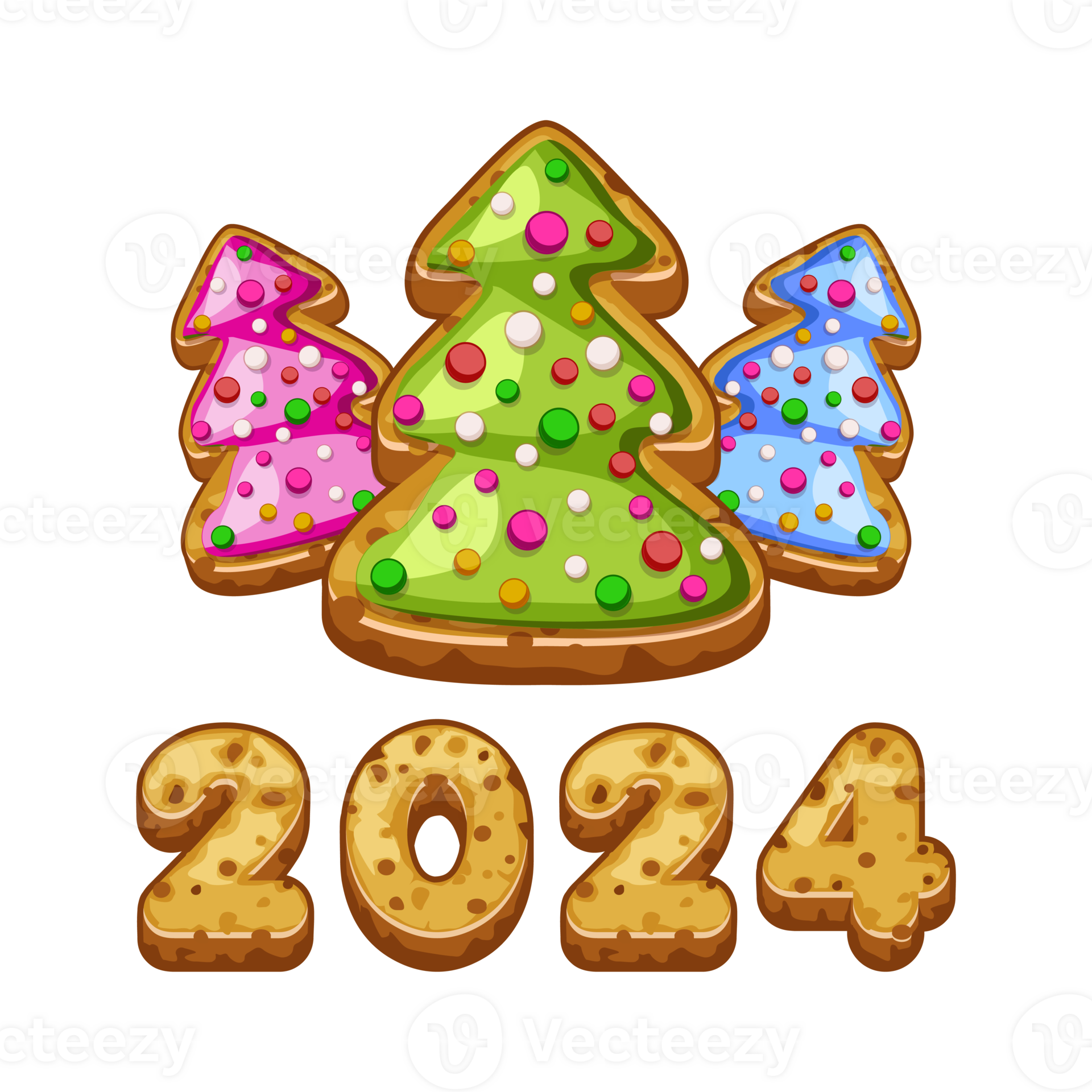 Christmas tree and 2024 text in gingerbread cookies style. New Year