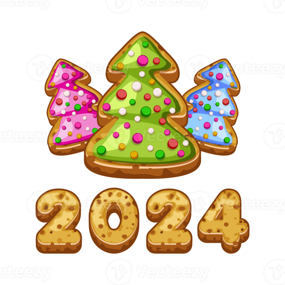 Christmas tree and 2024 text in gingerbread cookies style. New Year