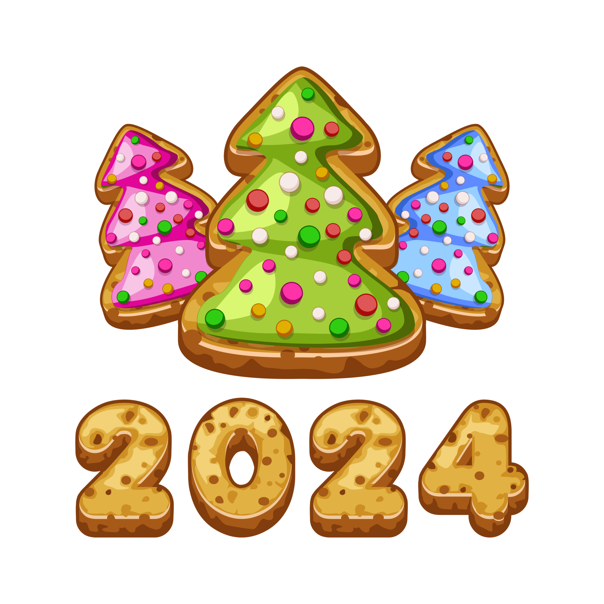 Christmas tree and 2024 text in gingerbread cookies style. New Year, sweet, dessert. Winter