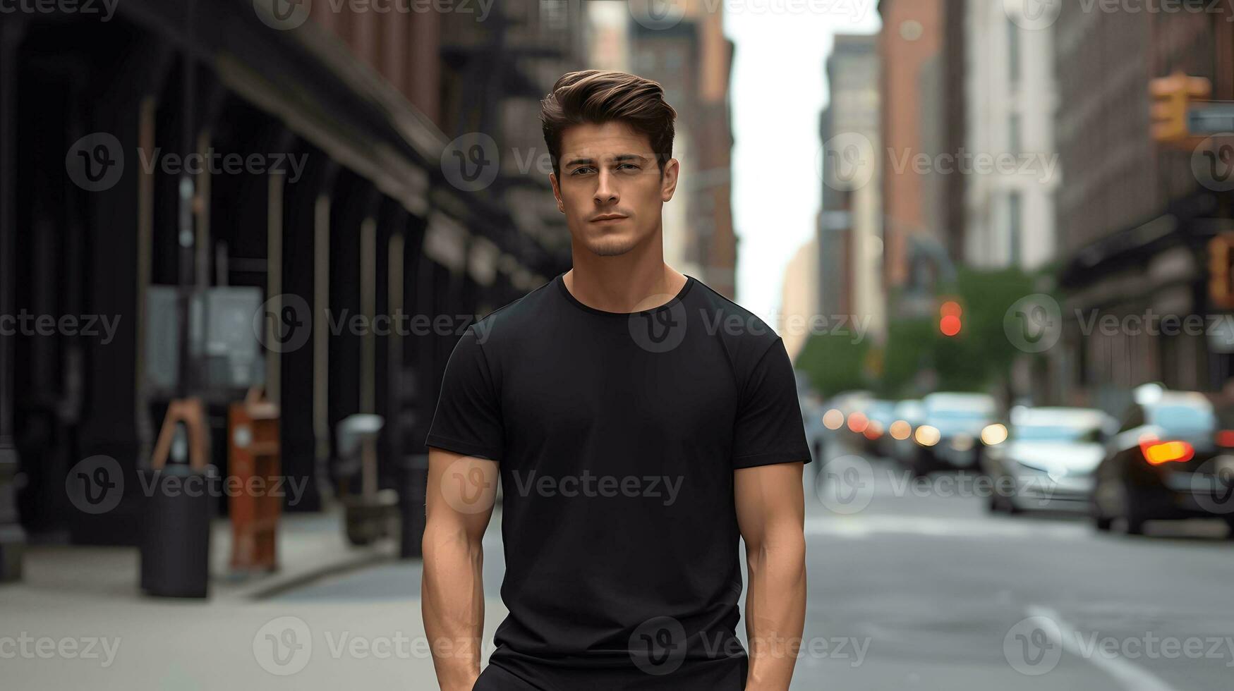 Male model in a classic black cotton T-shirt on a city street. AI Generated photo