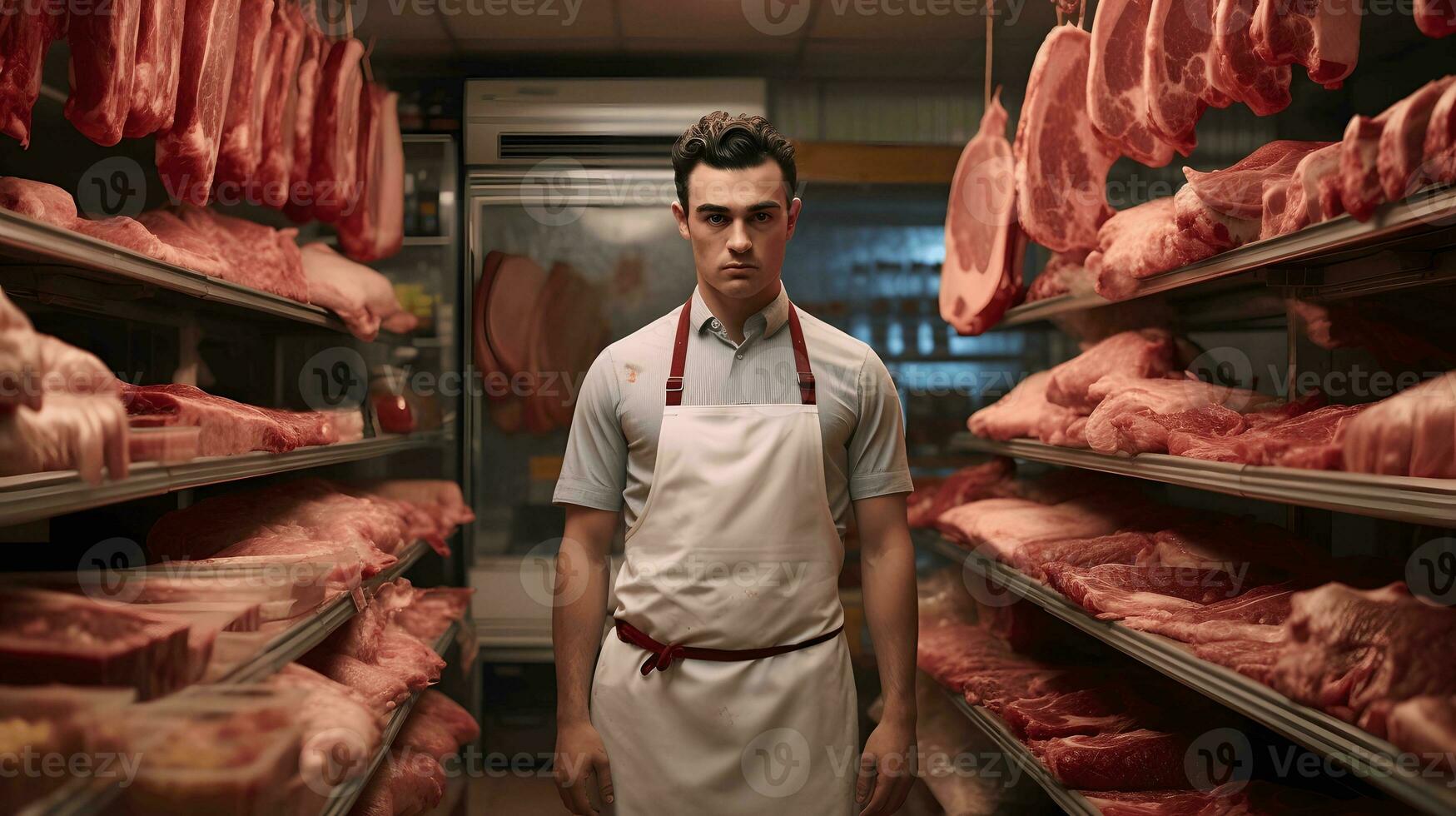 Man standing in front of shelves with raw meat. Male butcher or shopkeeper working in modern meathsop.. Ai Generated photo