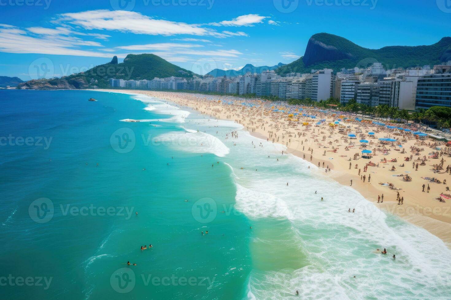 View of Copacabana beach in Rio de Janeiro, Brazil, Copacabana beach in Rio de Janeiro, Brazil. Copacabana beach is the most famous beach of Rio de Janeiro, Brazil, AI Generated photo