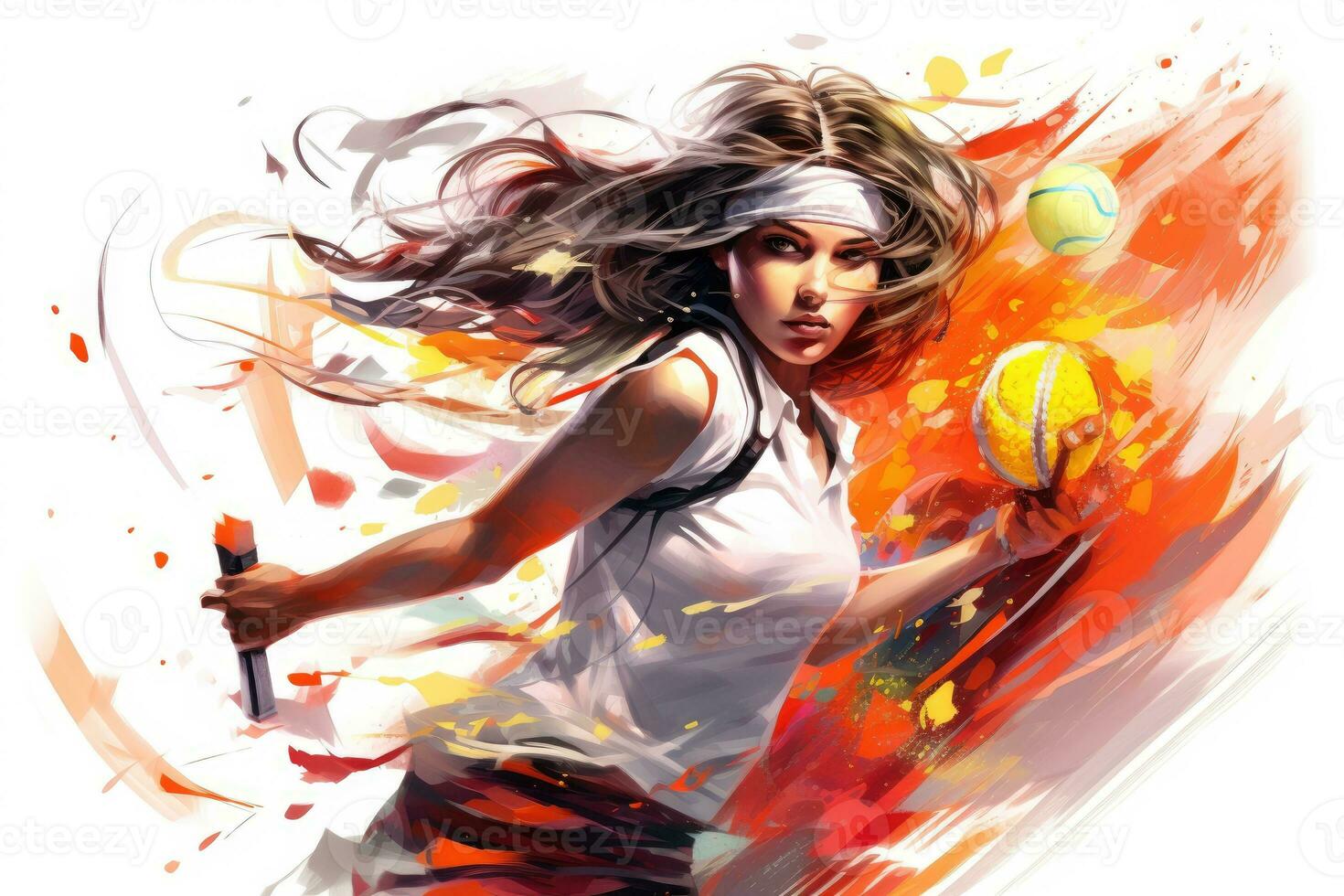 Digital illustration of a female tennis player with racket and ball against white background, creative illustration of a young athletic female tennis player playing with her tennis, AI Generated photo