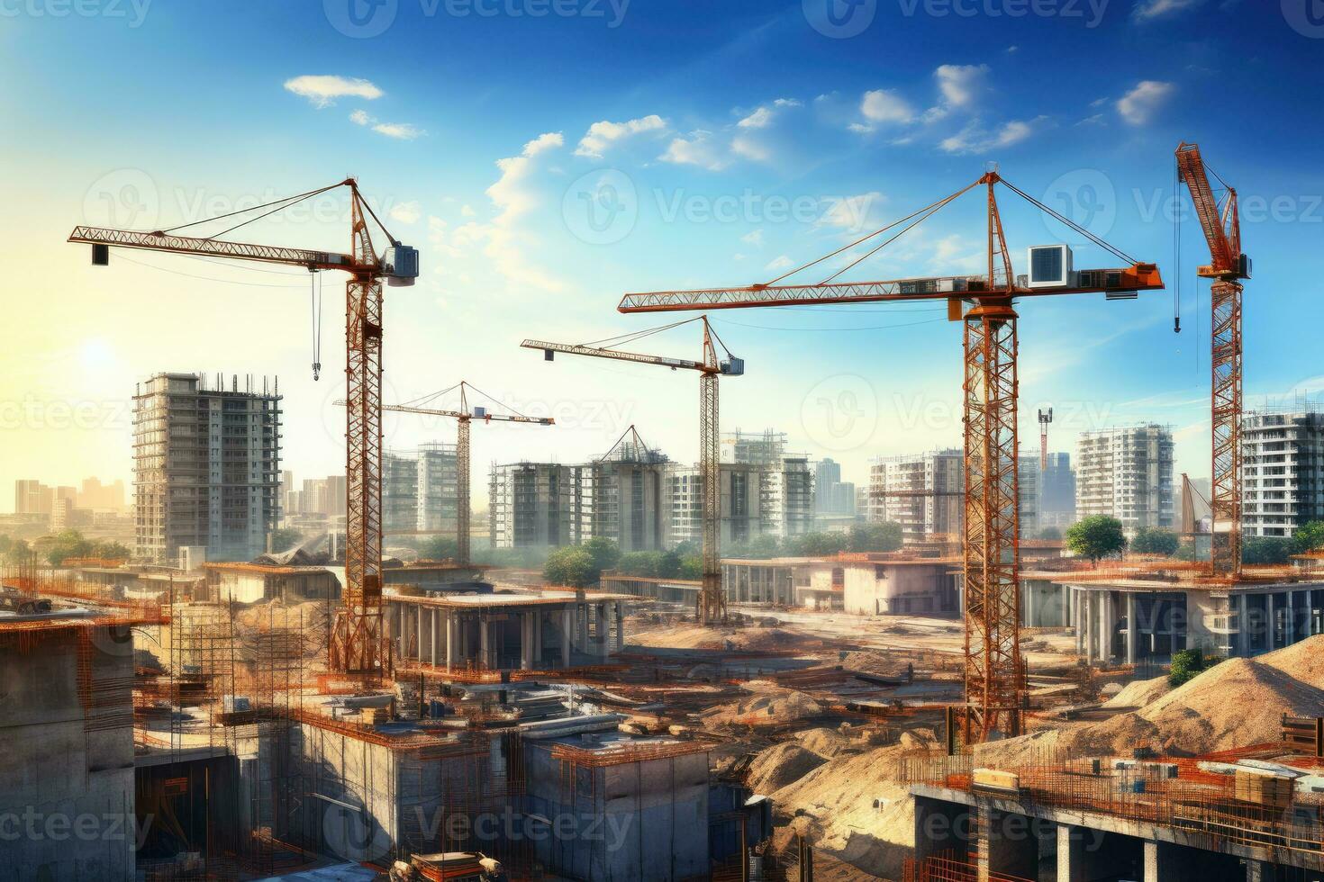 Construction site with cranes and building under construction. 3d rendering, Construction site with cranes and building against blue sky, AI Generated photo