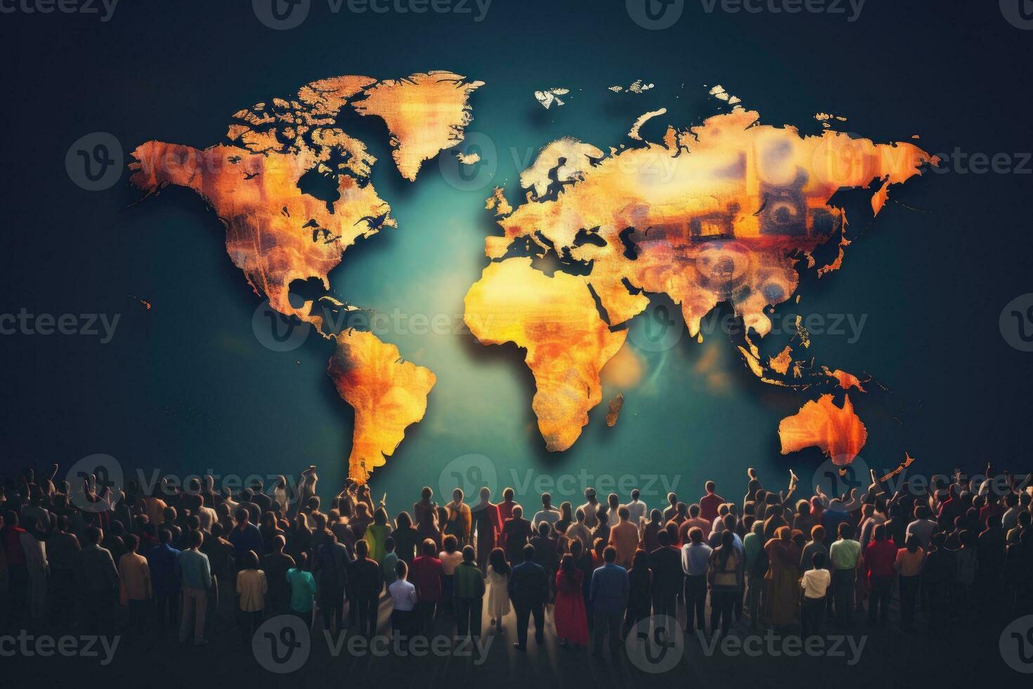 Global Business People Globalization World Map Teamwork Support Growth Success Concept, crowd of multicultural people composing a world map, AI Generated photo