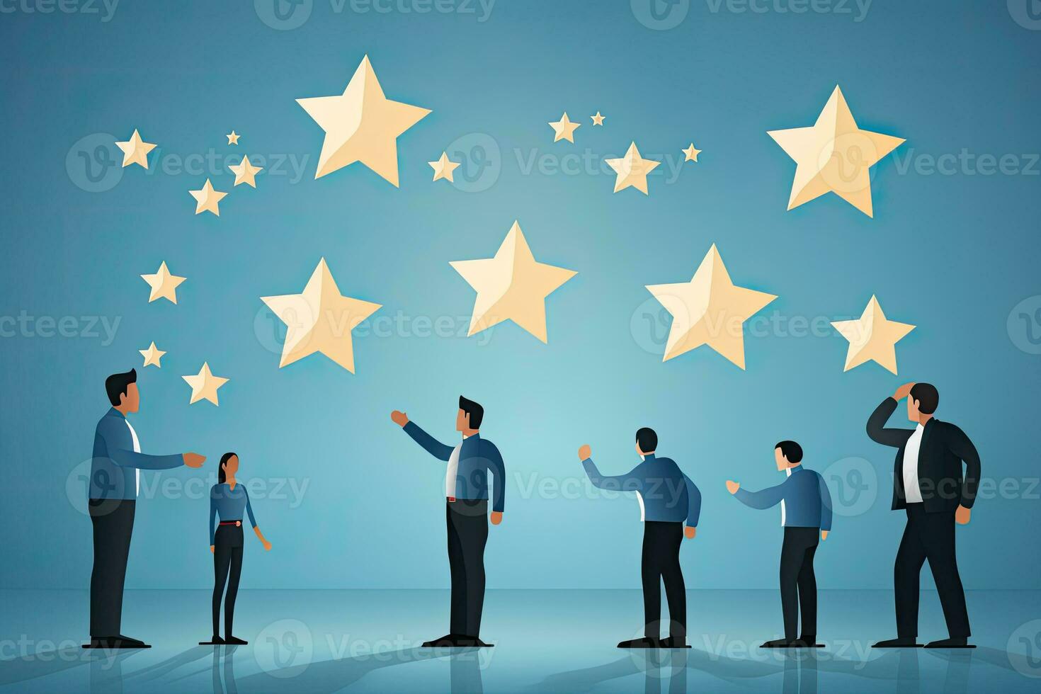 Business people and five stars on the blue background. Vector illustration, Customer service evaluation and feedback concept, AI Generated photo