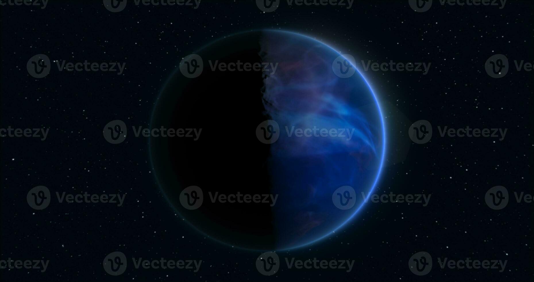 Abstract realistic space spinning planet round sphere with a blue water surface in space against the background of stars photo