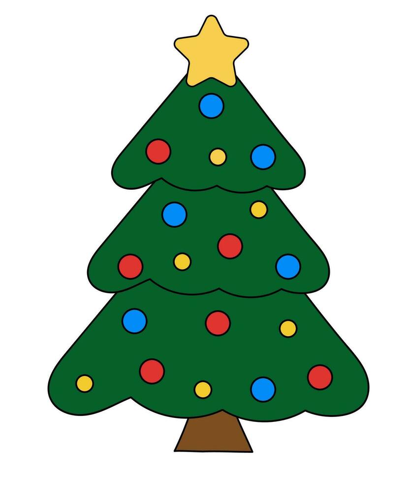 Navidad árbol. decoraciones estrella y pelotas. vector plano ilustración.