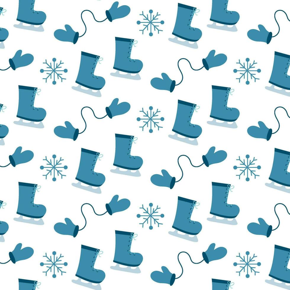 Winter and Christmas seamless pattern. Snowflakes and ice skates, mittens. Vector flat
