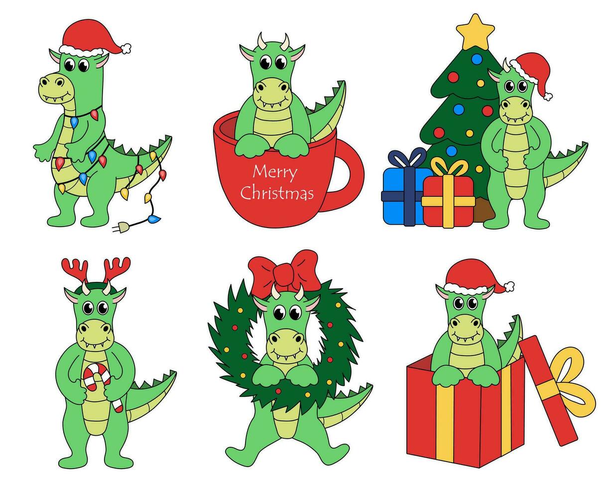 Set of cartoon Christmas and New Year Dragon characters. Cute Dragon in cup and in gift box, garland, candy cane, Deer Antler Headband, wreath, Christmas tree. Vector flat illustration.