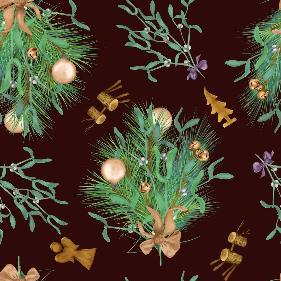 Christmas seamless pattern with branch of mistletoe, pine and wooden toy digital illustration isolated on burgundy. Christmas decorations, bells, ball hand drawn. Print for textile, wrapping, paper. vector