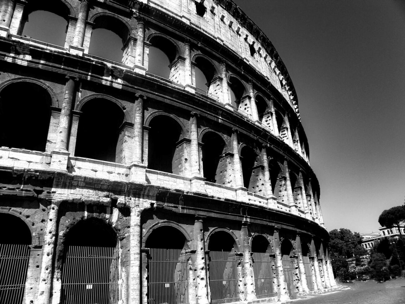 splendid photograph of the Colosseum in black and white. Details of the facade of the most famous Roman monument in the world. August 2010 photo