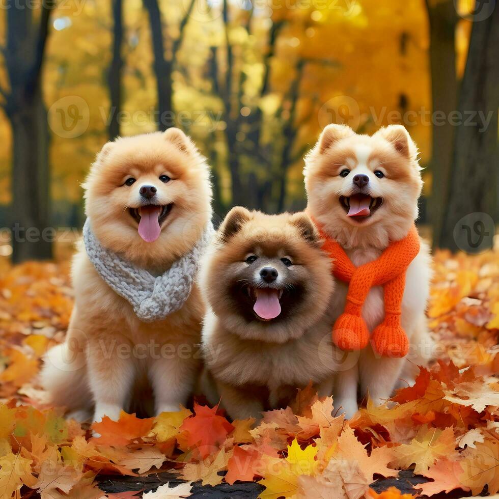 family of three fluffy ginger cute spitz dogs dressed in knitted scarves sitting in an autumn park walking on fallen leaves AI generated photo