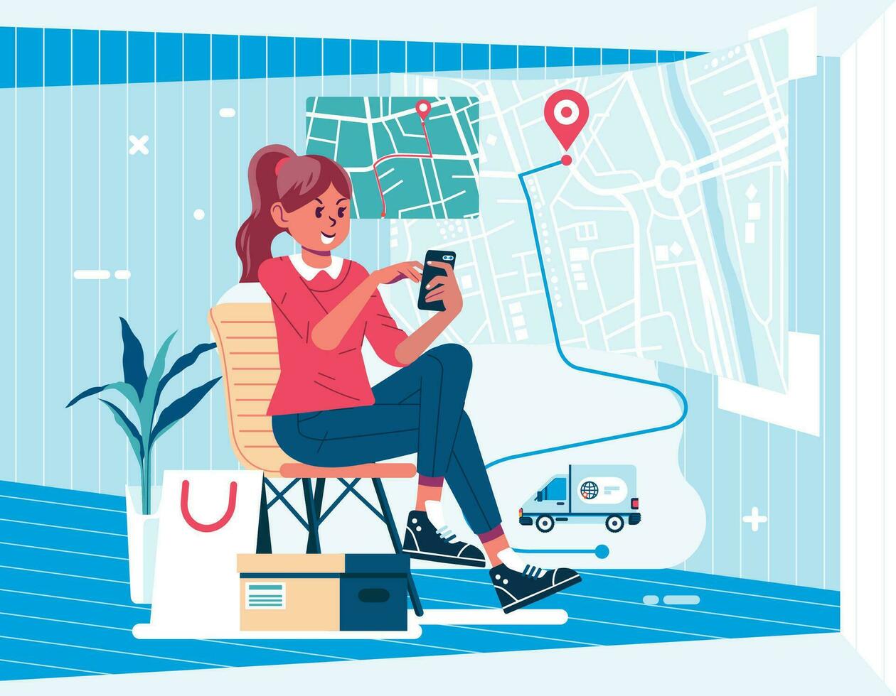 young sitting on the chair at home, while tracking the delivery progress with map in the background vector