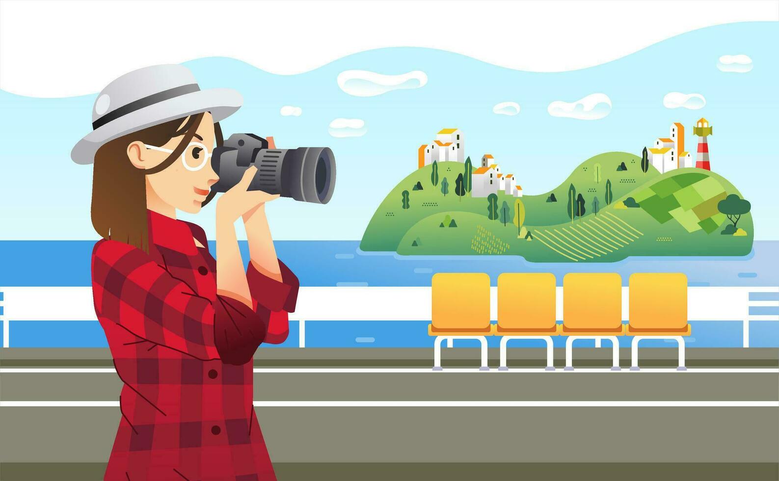 elegante niña fotógrafo tomando imagen de un isla en el mar desde Embarcacion vector ilustración