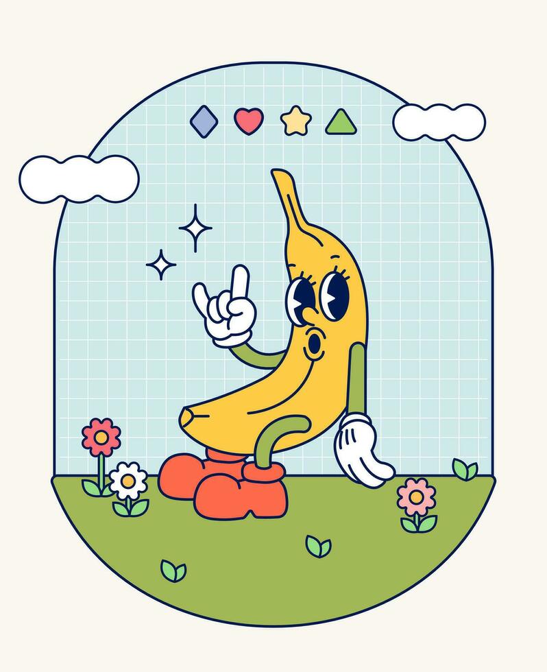 Hand draw Funny Retro vintage trendy style banana cartoon character Contemporary illustration Doodle Comic collection vector