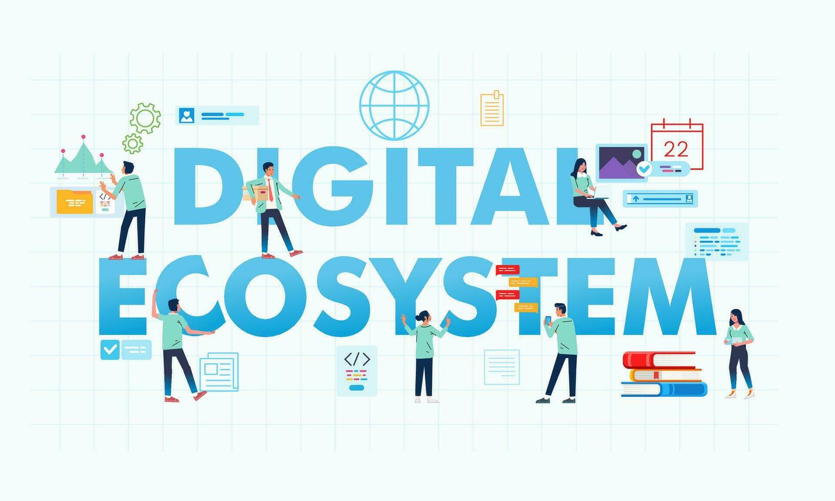 Digital ecosystem letter and people doing their job banner illustration vector
