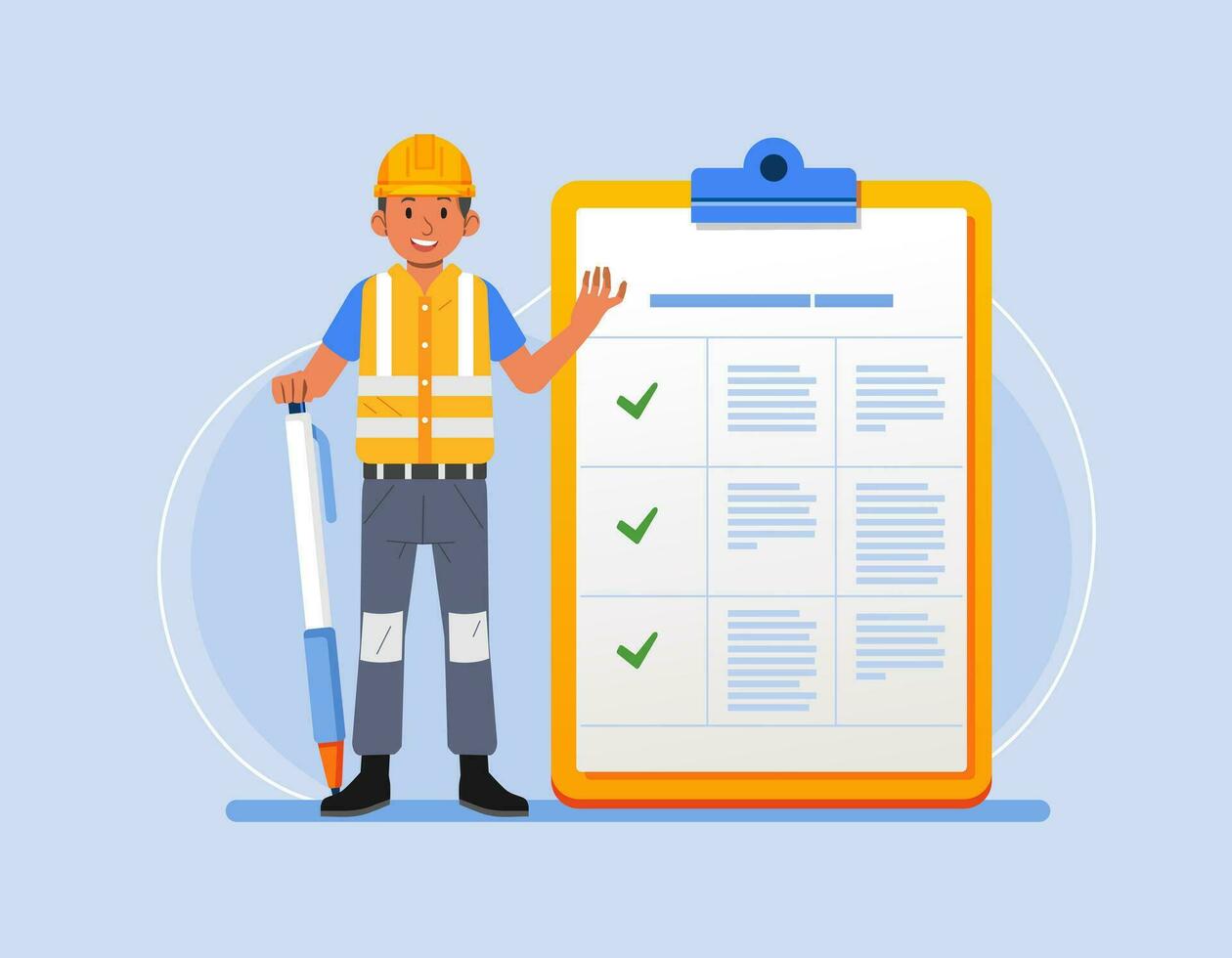 Construction worker with giant pencil near marked checklist on clipboard Successful completion of tasks Flat vector illustration