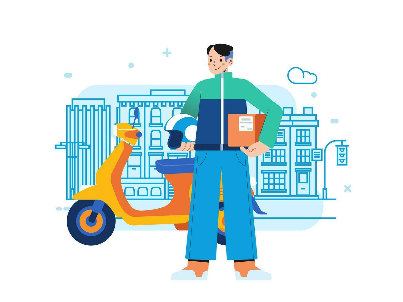 Man Courier delivery service shipping package ride scooter with through town flat vector illustration.