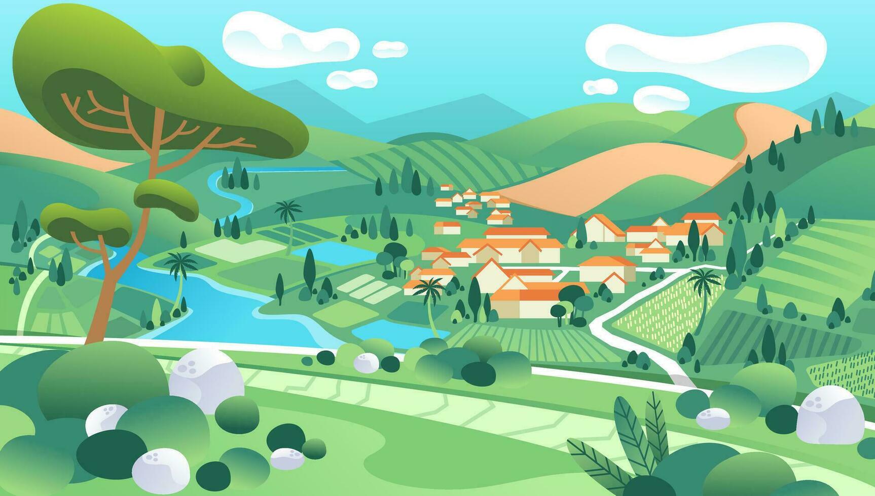 country landscape illustration with houses, river, mountain, trees and beautiful scenery vector