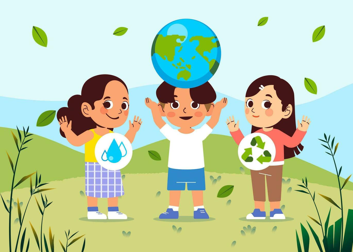 palabra ambiente día niños niños chico niña sostenible eco simpático naturaleza concepto vector