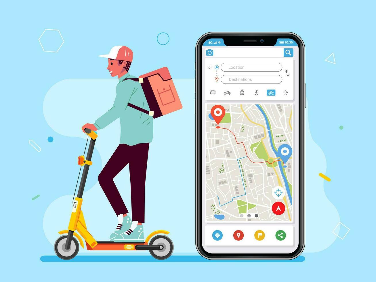 Man carriers on mobile app smartphone delivery services ride electric scooters and parcel box follow routes map concept vector