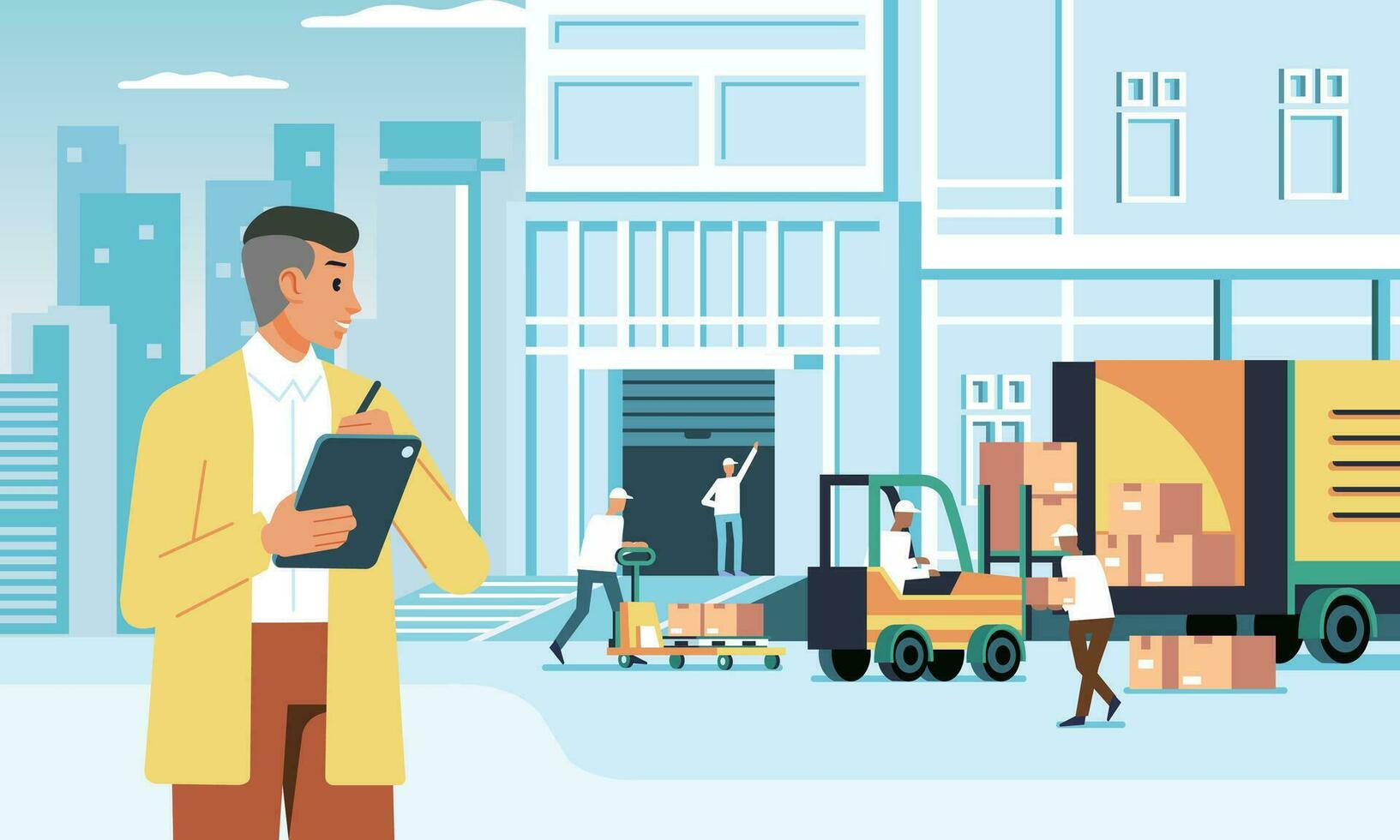 young manager on delivery company checking the delivery of goods by employees. young entrepreneur on delivery business vector illustration