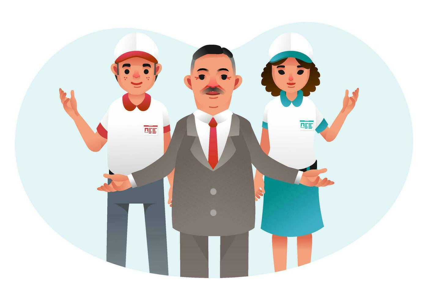 jefe y dos empleados hombres y mujer en pie con abrió mano, el empleados vistiendo trabajo uniforme vector ilustración