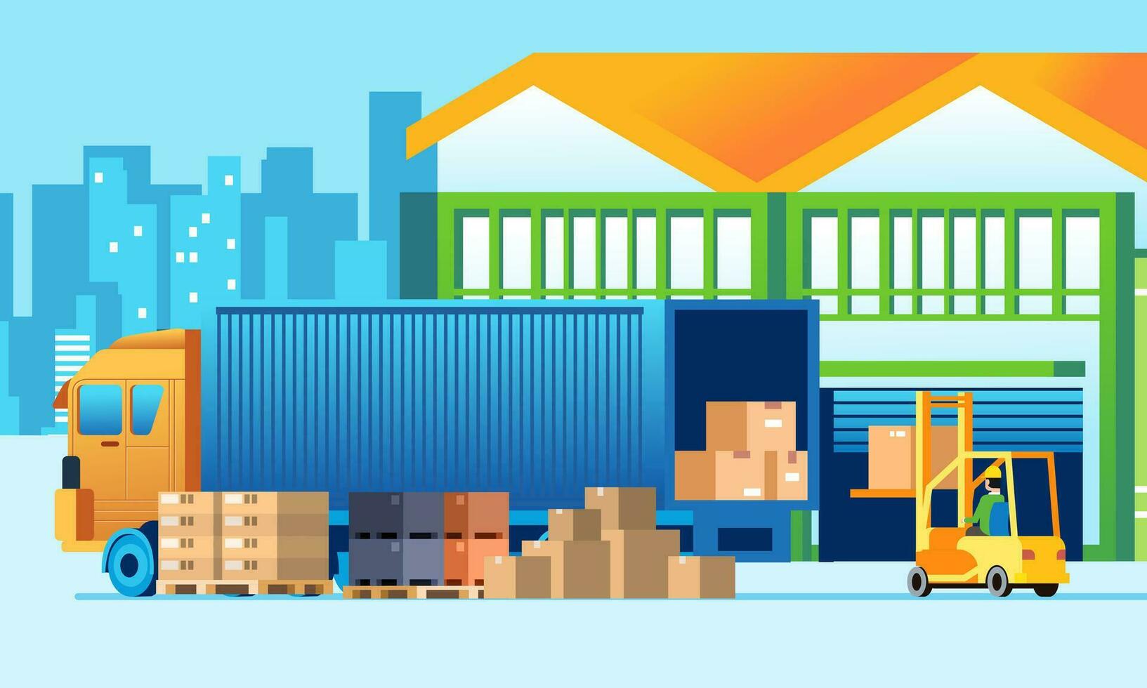 Delivery truck with forklift loading box into the truck container, Modern logistics illustration of goods warehouse vector