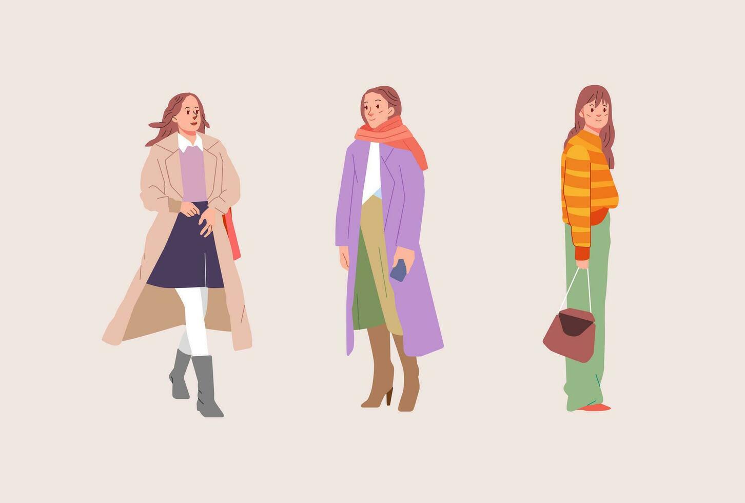 de moda frio joven moderno mujer en de moda ropa atuendo. casual elegante ciudad calle estilo plano vistoso dibujos animados vector ilustración