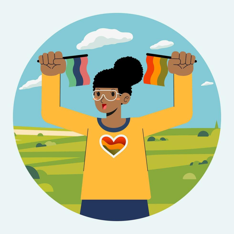 Woman with flag Black lives matter campaign poster banner support black people to gain equal rights, human unity of different races, Stop racism vector
