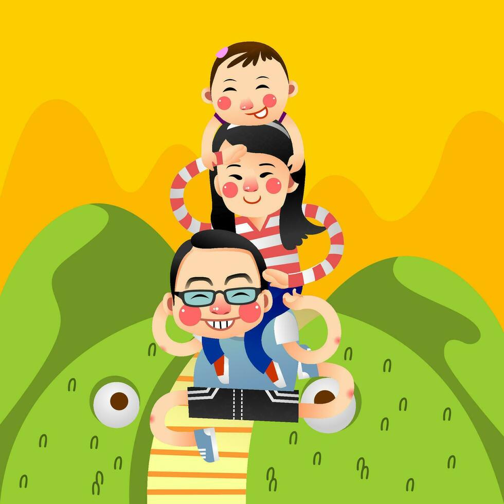 happy little family fun in sunny day, daddy carrying  - vector