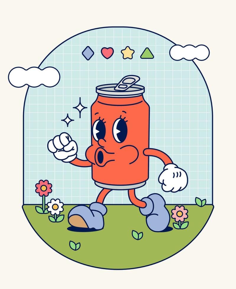 Hand draw Funny Retro vintage trendy soda can cartoon character Contemporary illustration Doodle Comic collection vector
