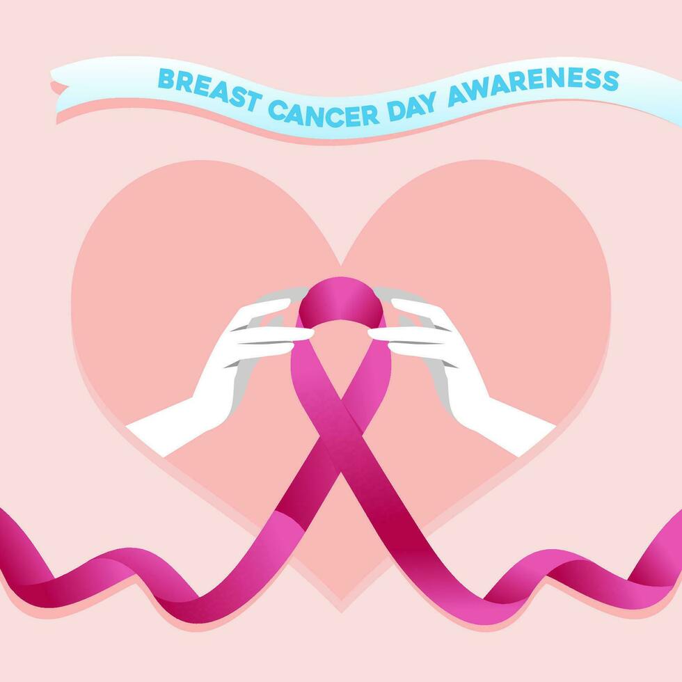 breast cancer awareness month campaign poster illustrated with hand and pink ribbon inside heart shape and pink background vector