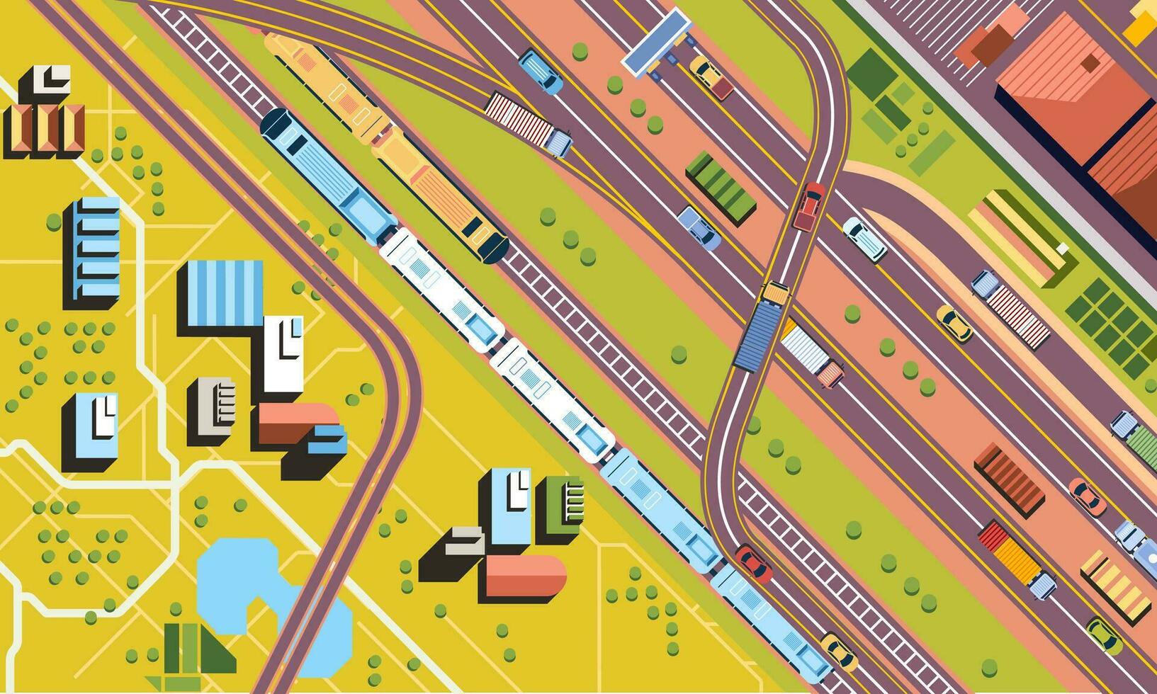 sky view of car traffic on roads or highway and trains in the city vector illustration