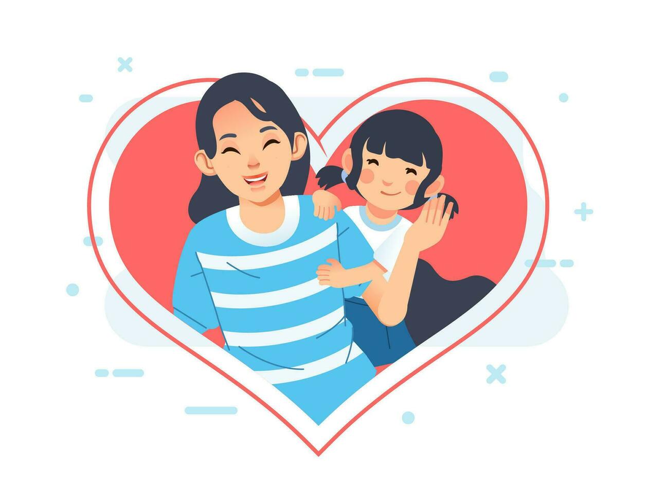 mother day greeting card or poster with mother and daugther smile widely illustration inside the love shape vector