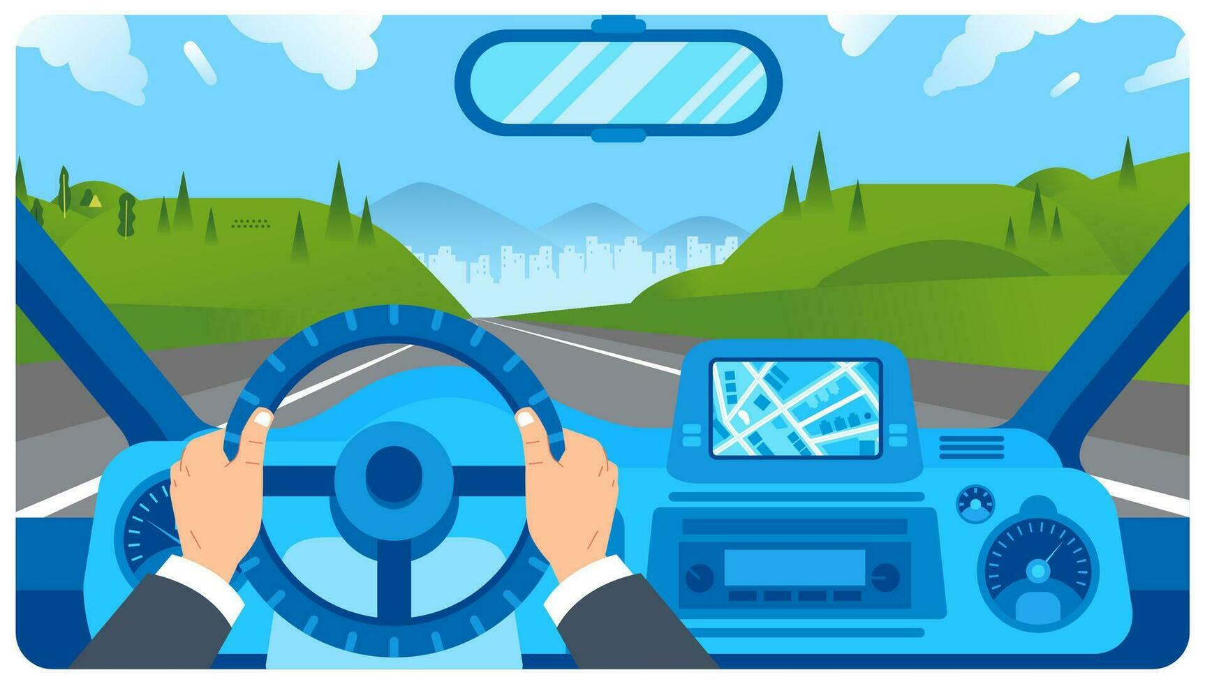 flat illustration of car dashboard with driver hand on steering wheel vector