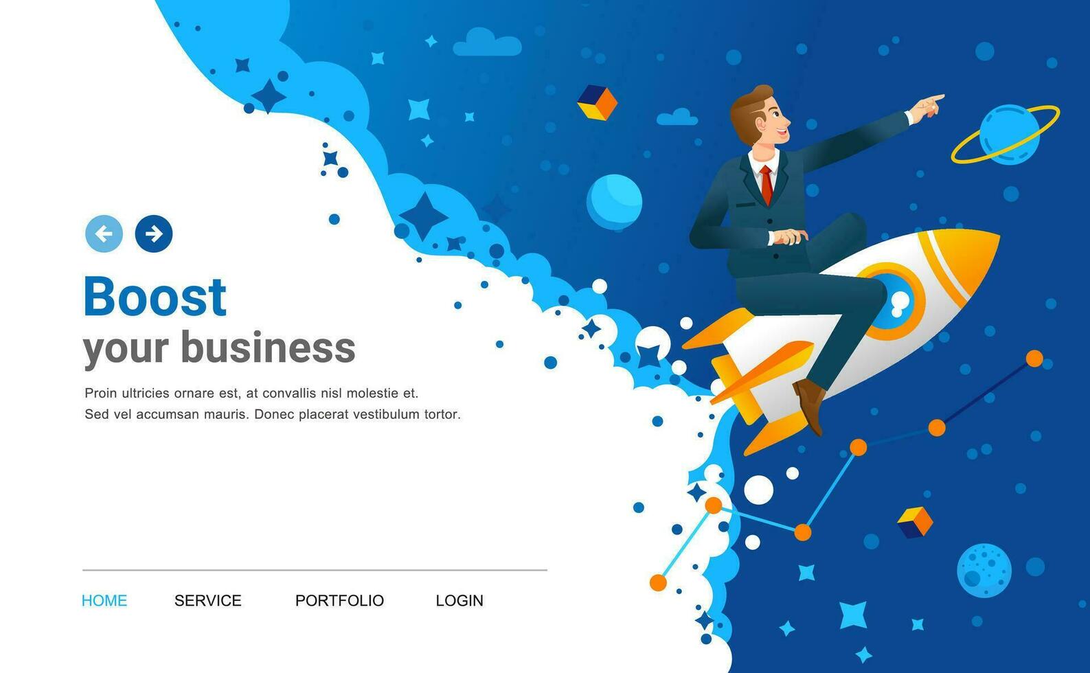 startup landing page illustration with man riding the rocket with outer space as background vector