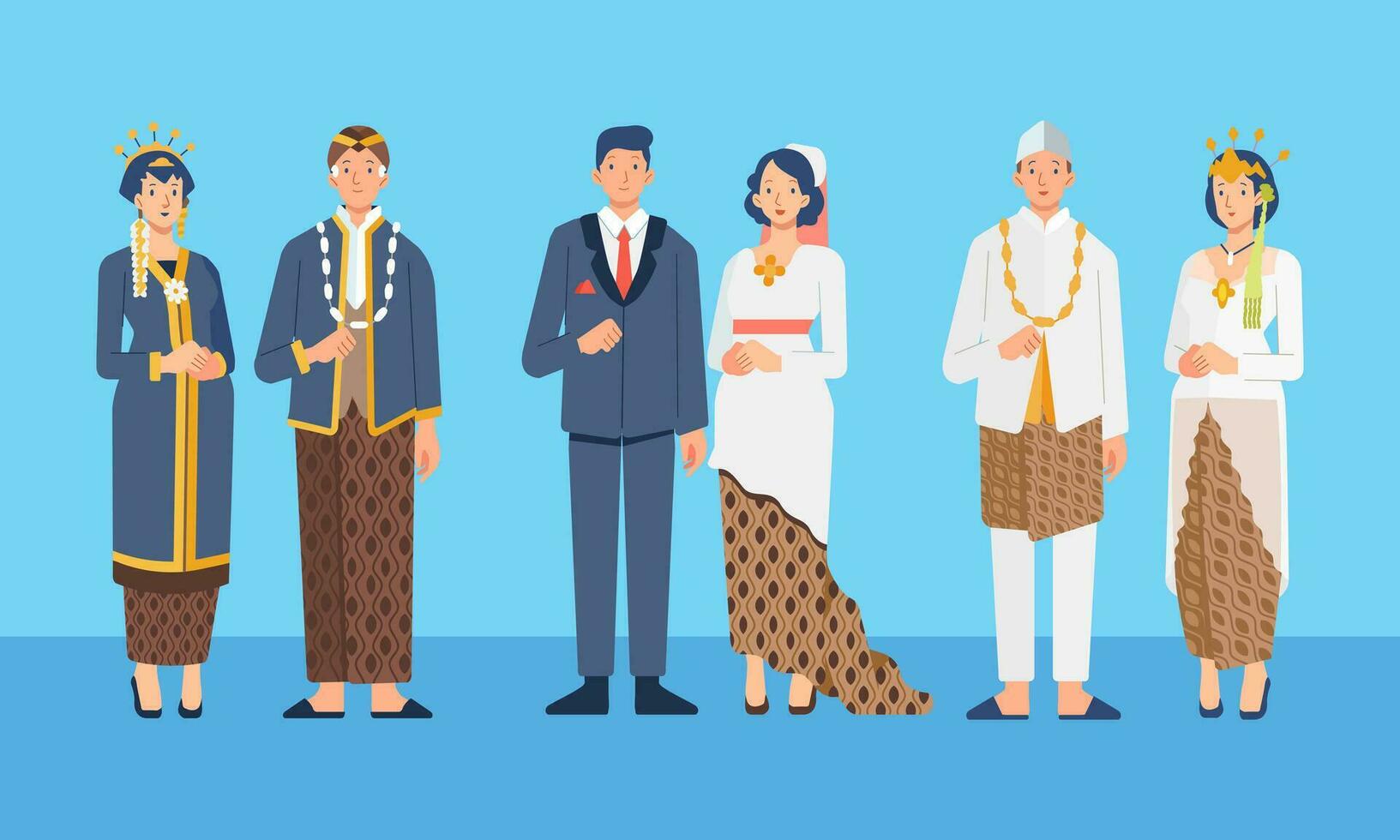 personaje Pareja consiguiendo casado, vistiendo tradicional indonesio Boda vestir vector