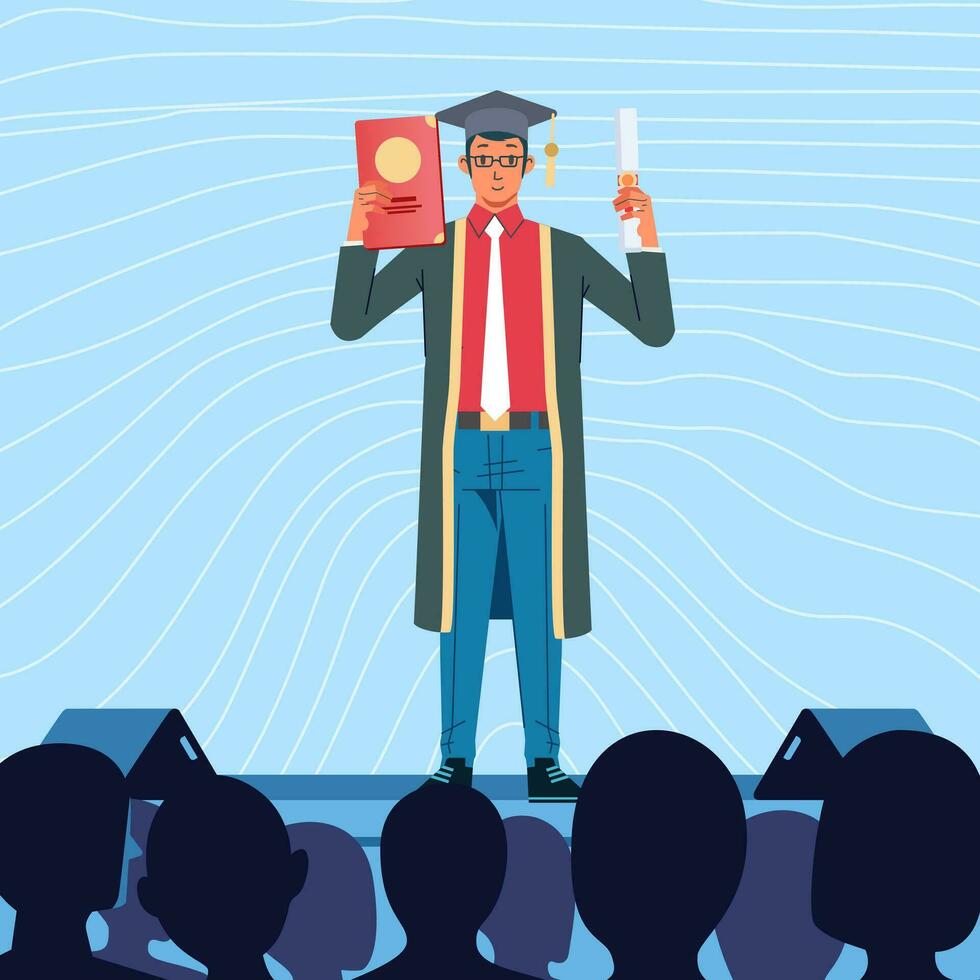 Man with glasses graduate students standing on stage and audience silhouette Flat style vector illustration