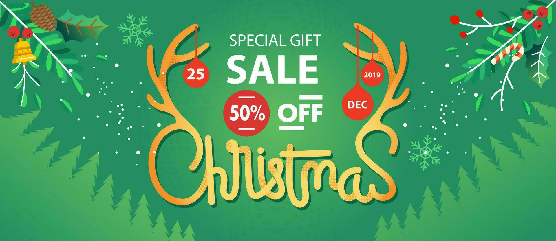 christmas sale lettering illustration with missletoe and pine tree as background vector