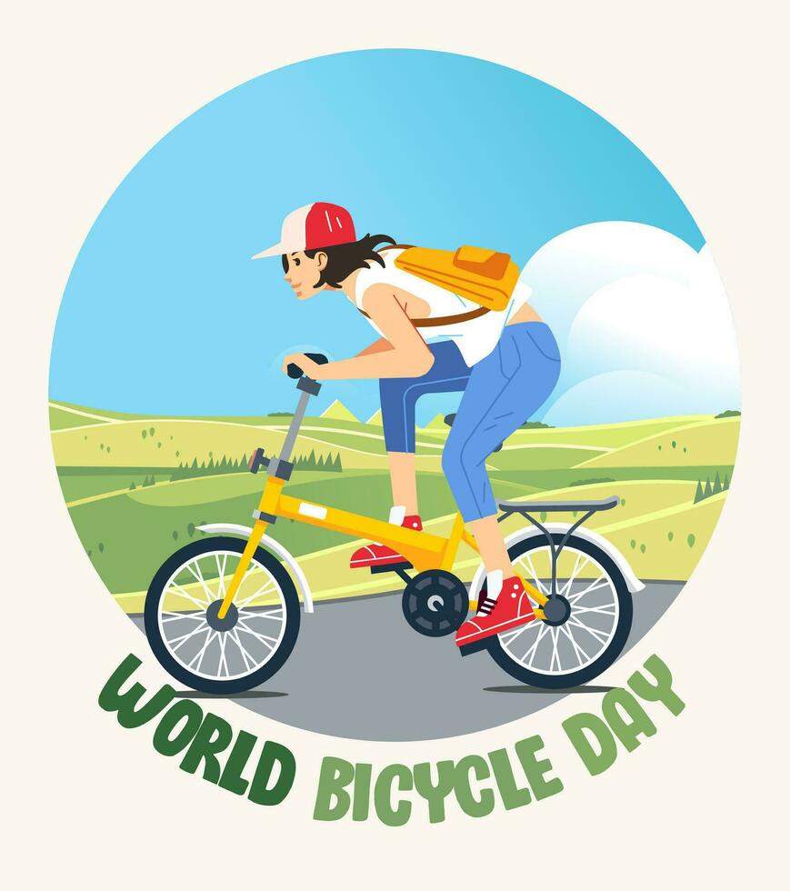 World bicycle day. girl riding a bicycle landscape background. Go Green Save Environment banner poster vector