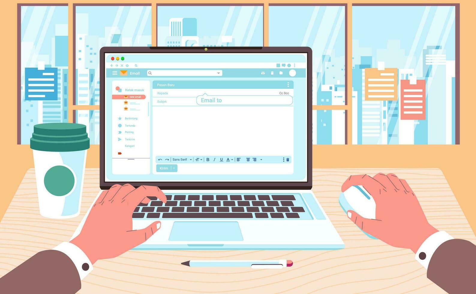 working desk illustration in front of the window, hand working on laptop and coffee cup beside vector