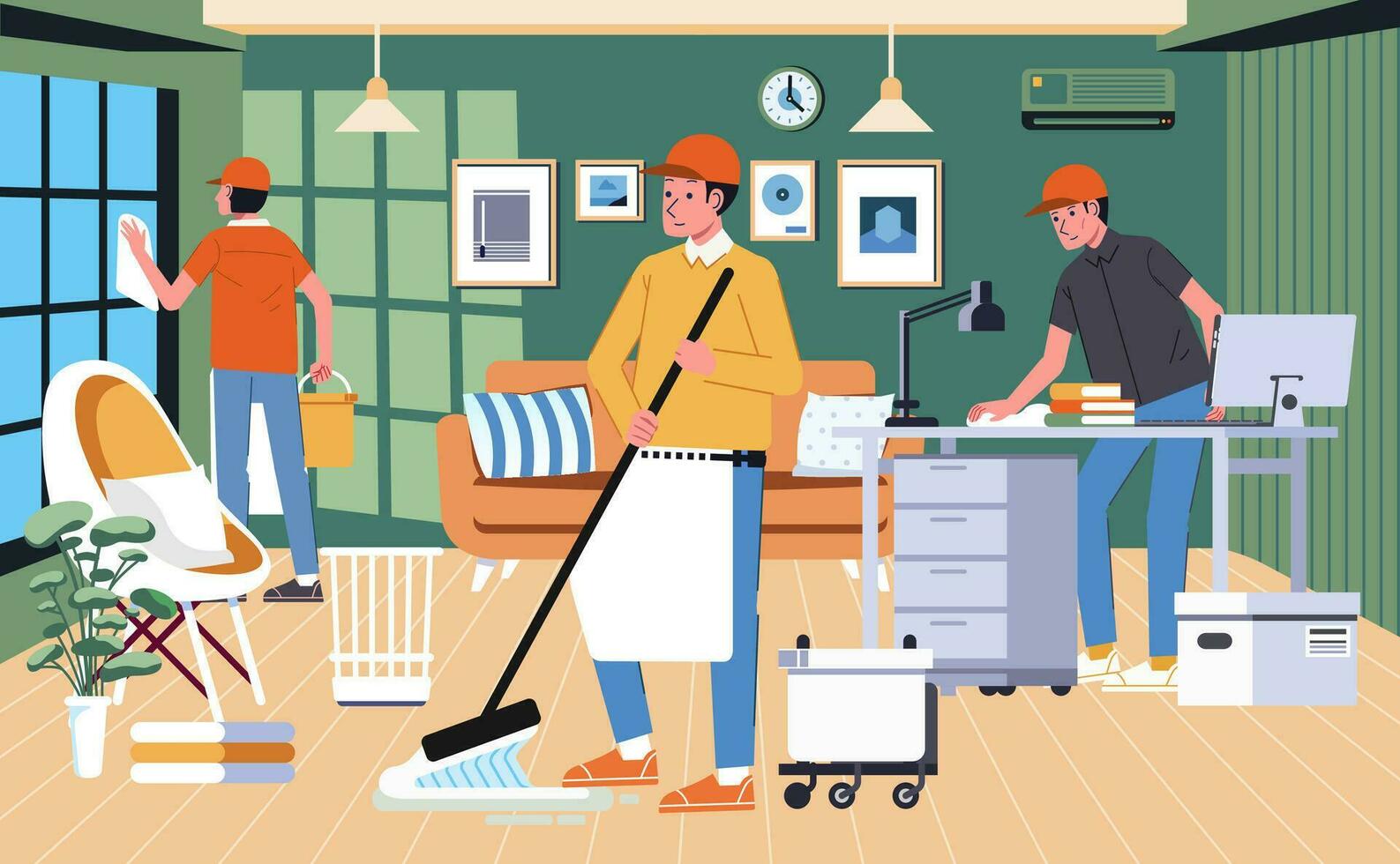 professional home cleaning services, cleaning every part of house, mopping the floor and cleaning the window vector illustration