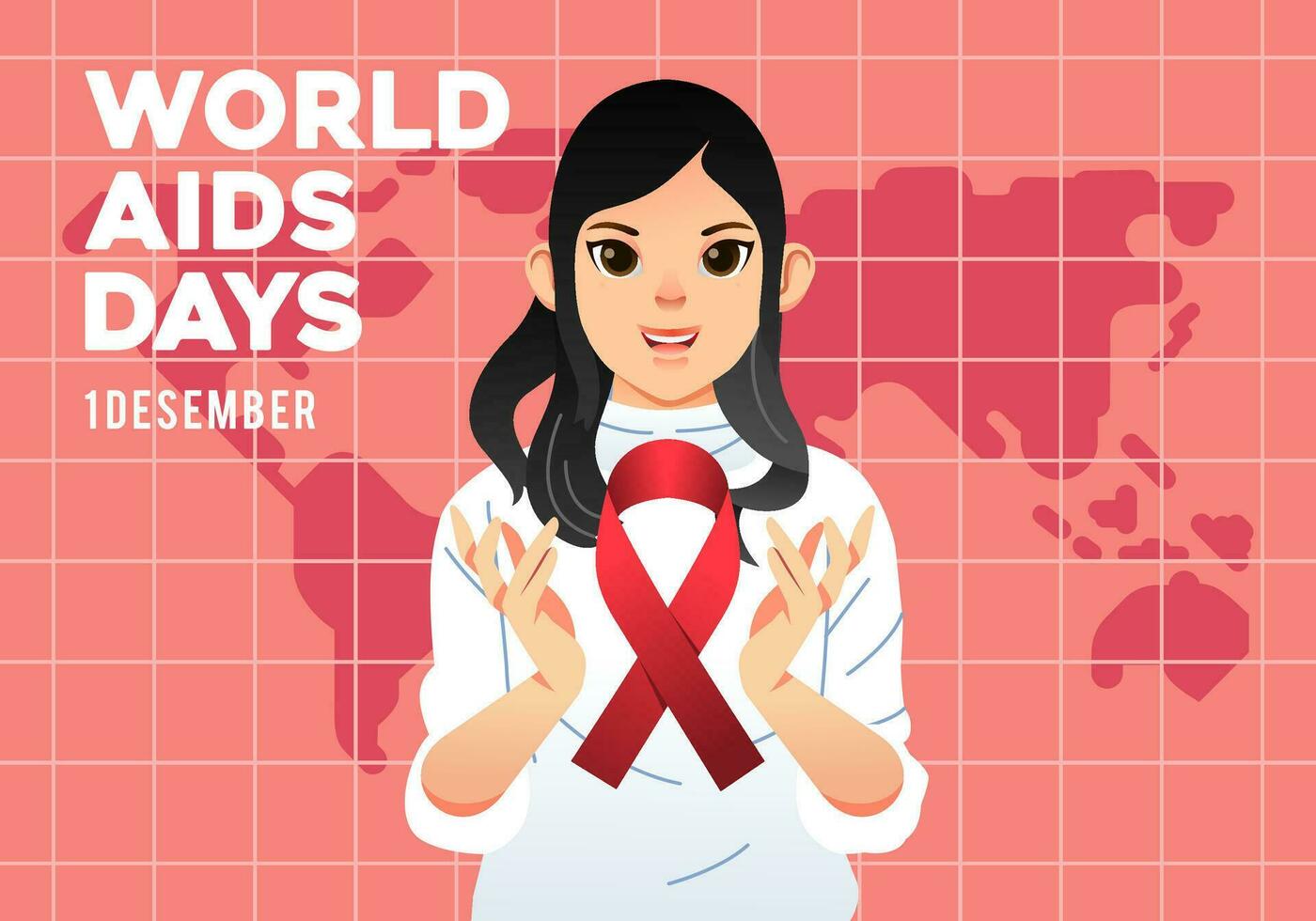 world AIDS day campaign poster, young women with AIDS logo on her hand and world map at background vector illustration