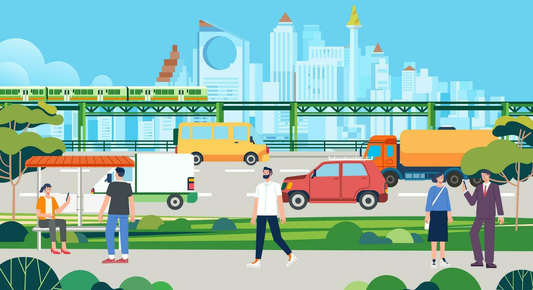 City life train monorail Cars on city road People walking with chat activity on street. Urban infrastructure modern futuristic city landscape and transport traffic vector