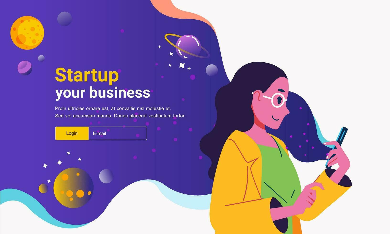 website banner template image for start up business company, illustrated by young women holding a phone that emits a stream depicting outer space vector