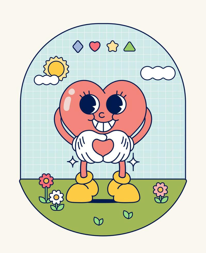 Hand draw Funny Retro vintage trendy style heart love cartoon character Contemporary illustration Doodle Comic collection vector