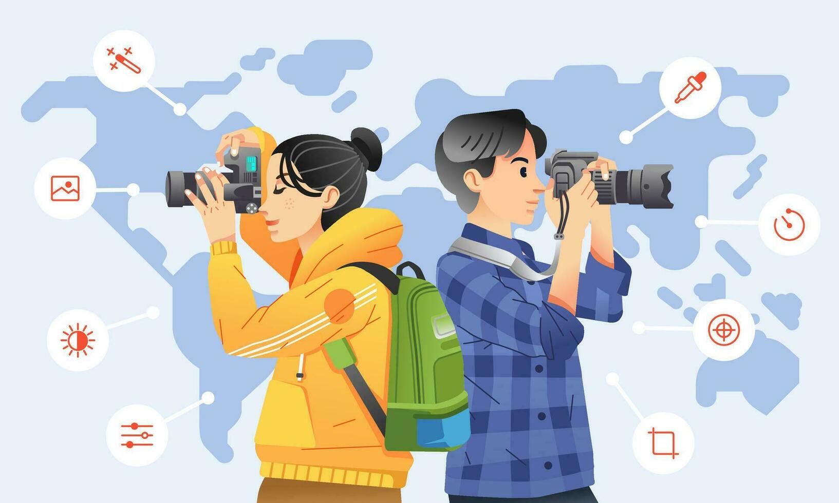 young man and women taking picture with digital camera with icon around them and world map as background vector