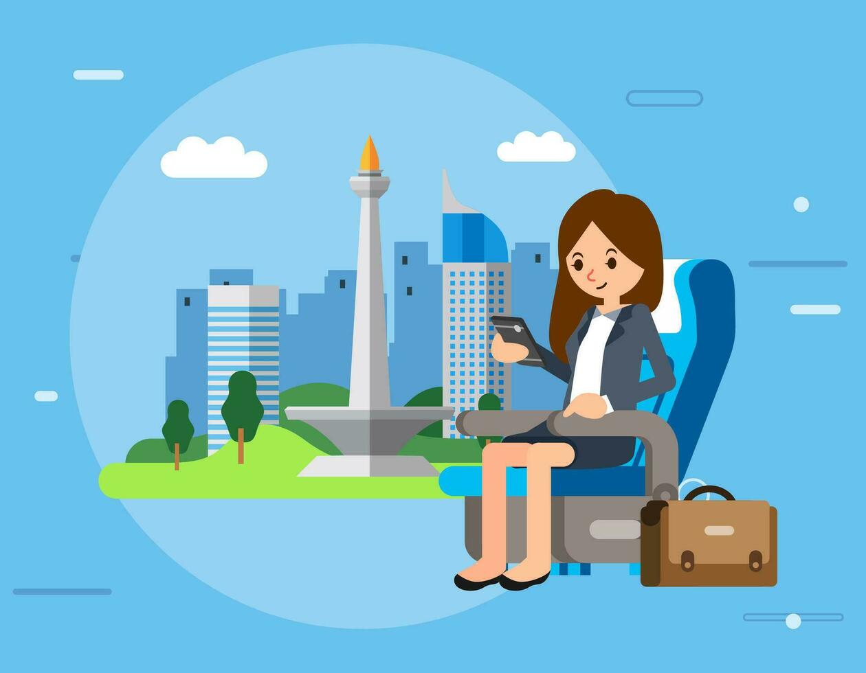 businesswomen character sit on airplane seat and checking smartphone, briefcase beside her and jakarta city as background vector illustration